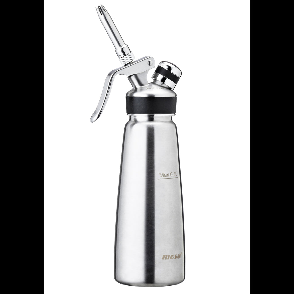 Metal whipped cream dispenser on a white background