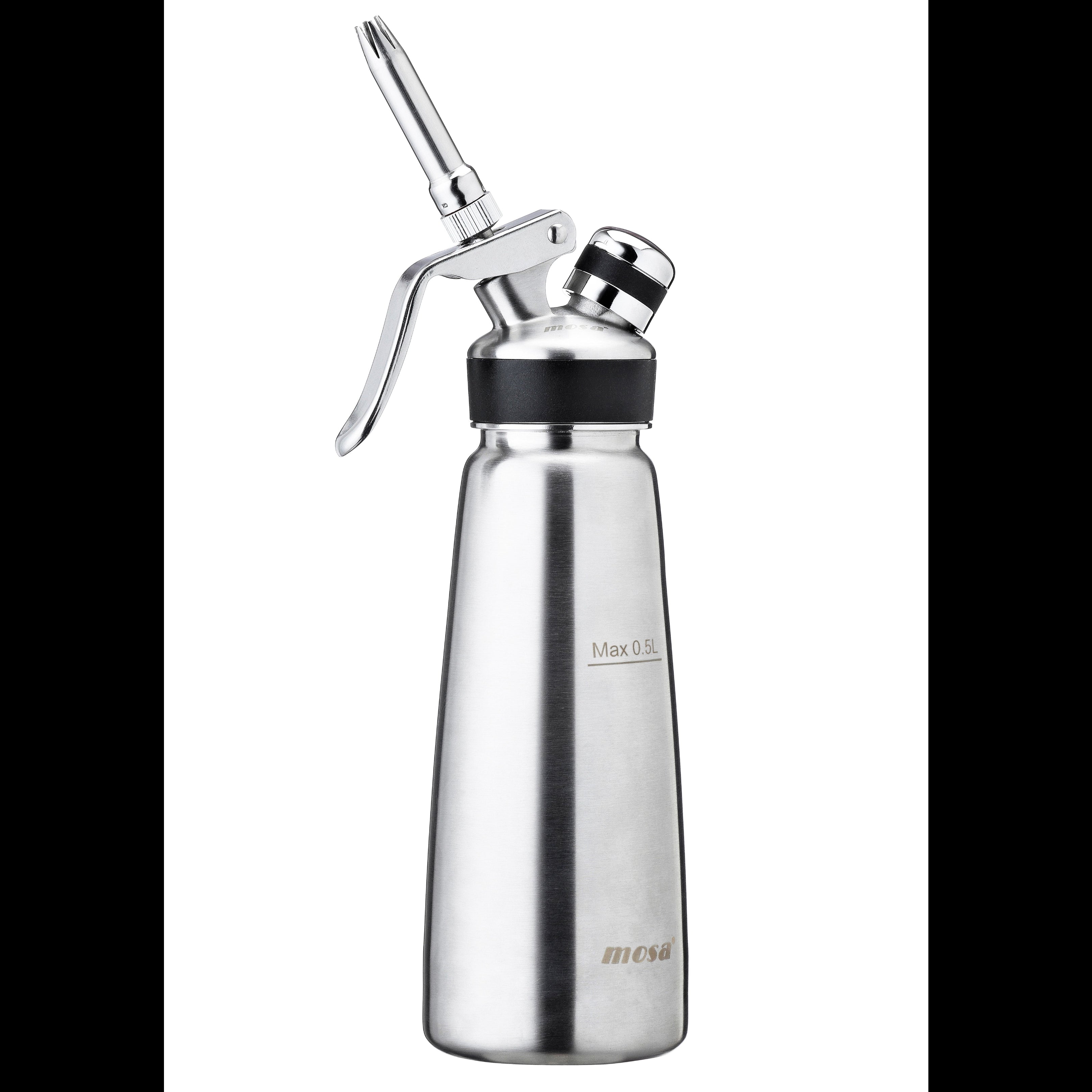 Metal whipped cream dispenser on a white background