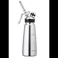 Metal whipped cream dispenser on a white background