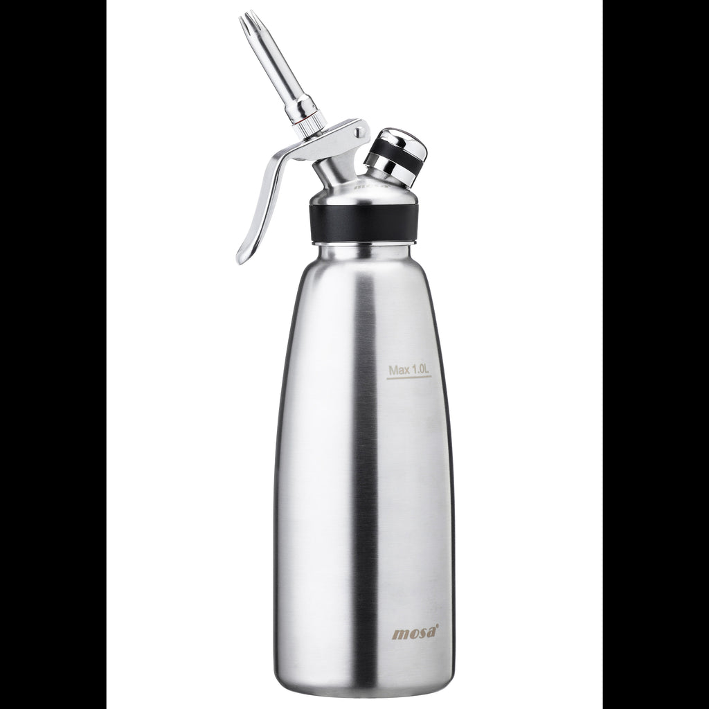 Stainless steel whipped cream dispenser on a white background