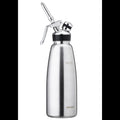 Stainless steel whipped cream dispenser on a white background
