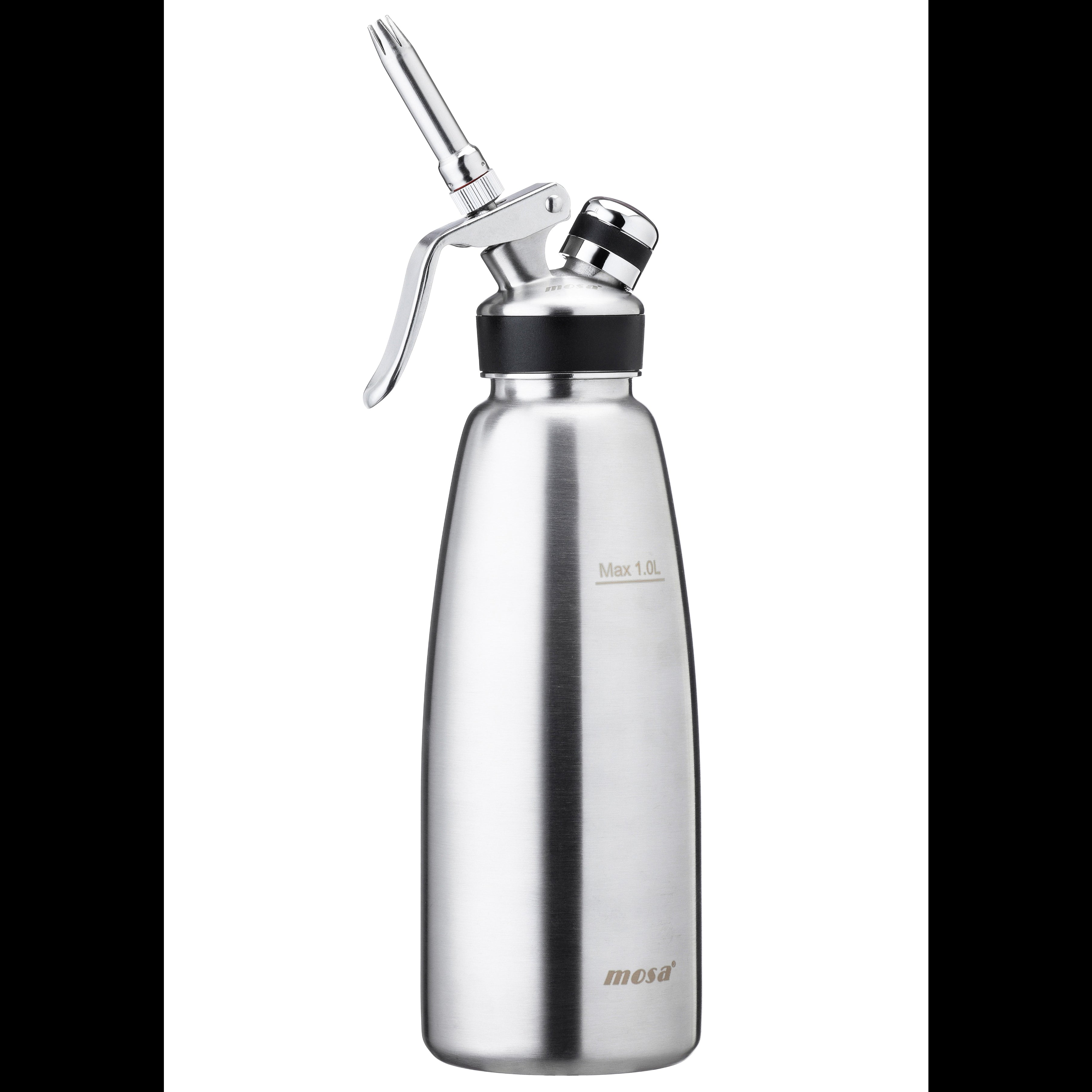 Stainless steel whipped cream dispenser on a white background
