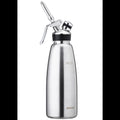 Stainless steel whipped cream dispenser on a white background