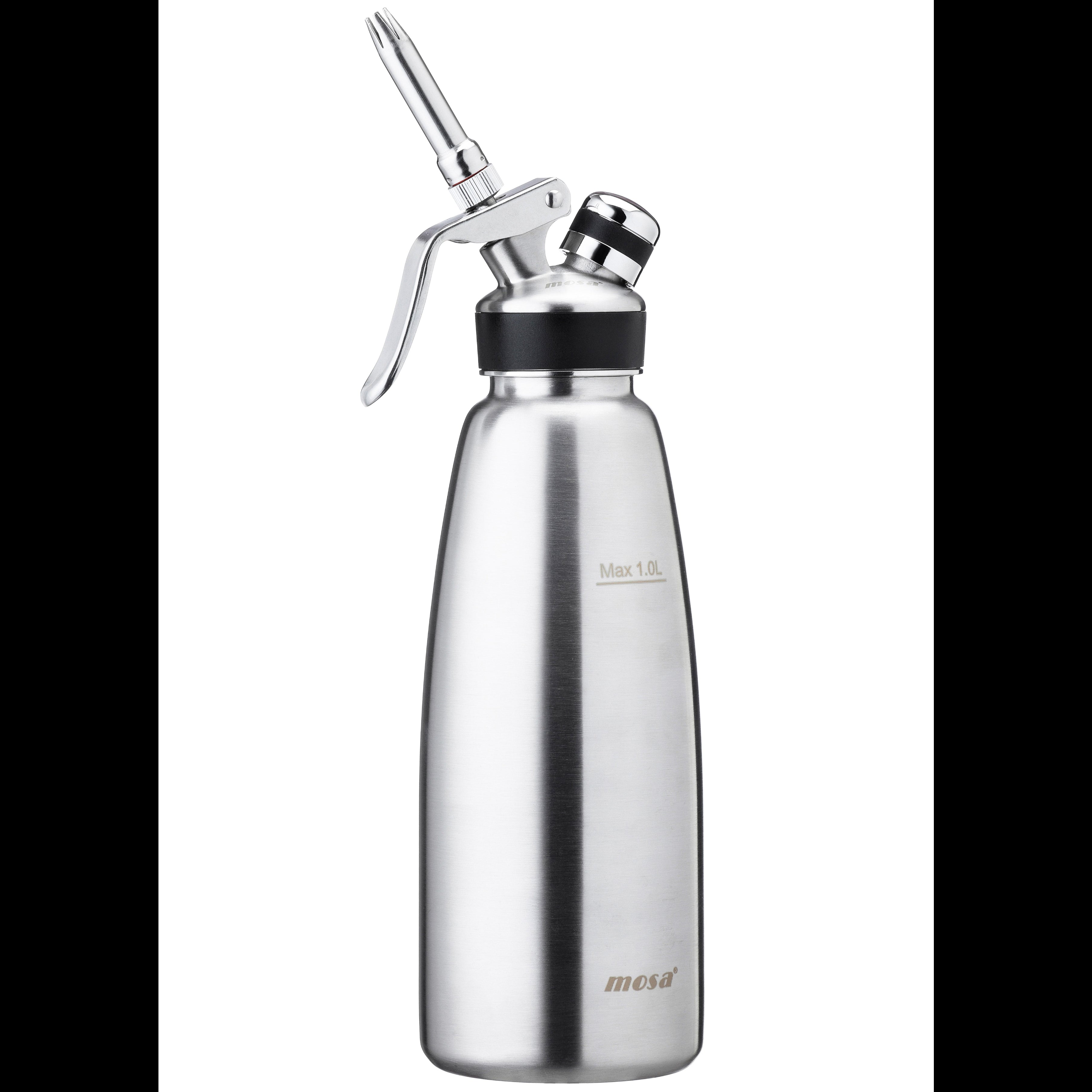 Stainless steel whipped cream dispenser on a white background
