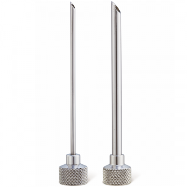 Two metal whipper injector nozzles on a white background