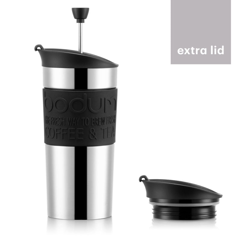 BODUM TRAVEL PRESS SET COFFEE MAKER WITH EXTRA LID, VACUUM, 0.35 L, 12 OZ - BLACK