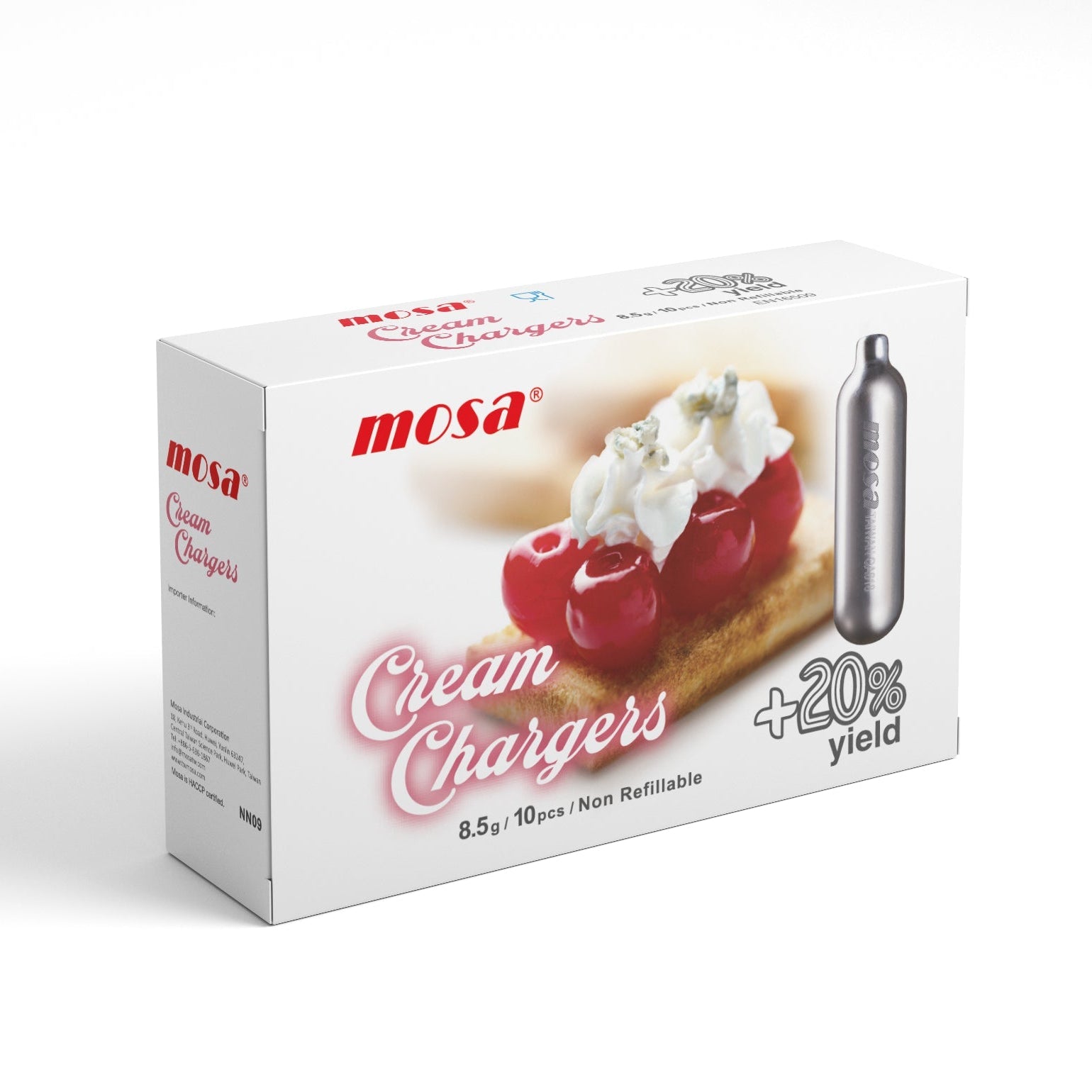 Box of mosa cream chargers with a dessert illustration on a white background