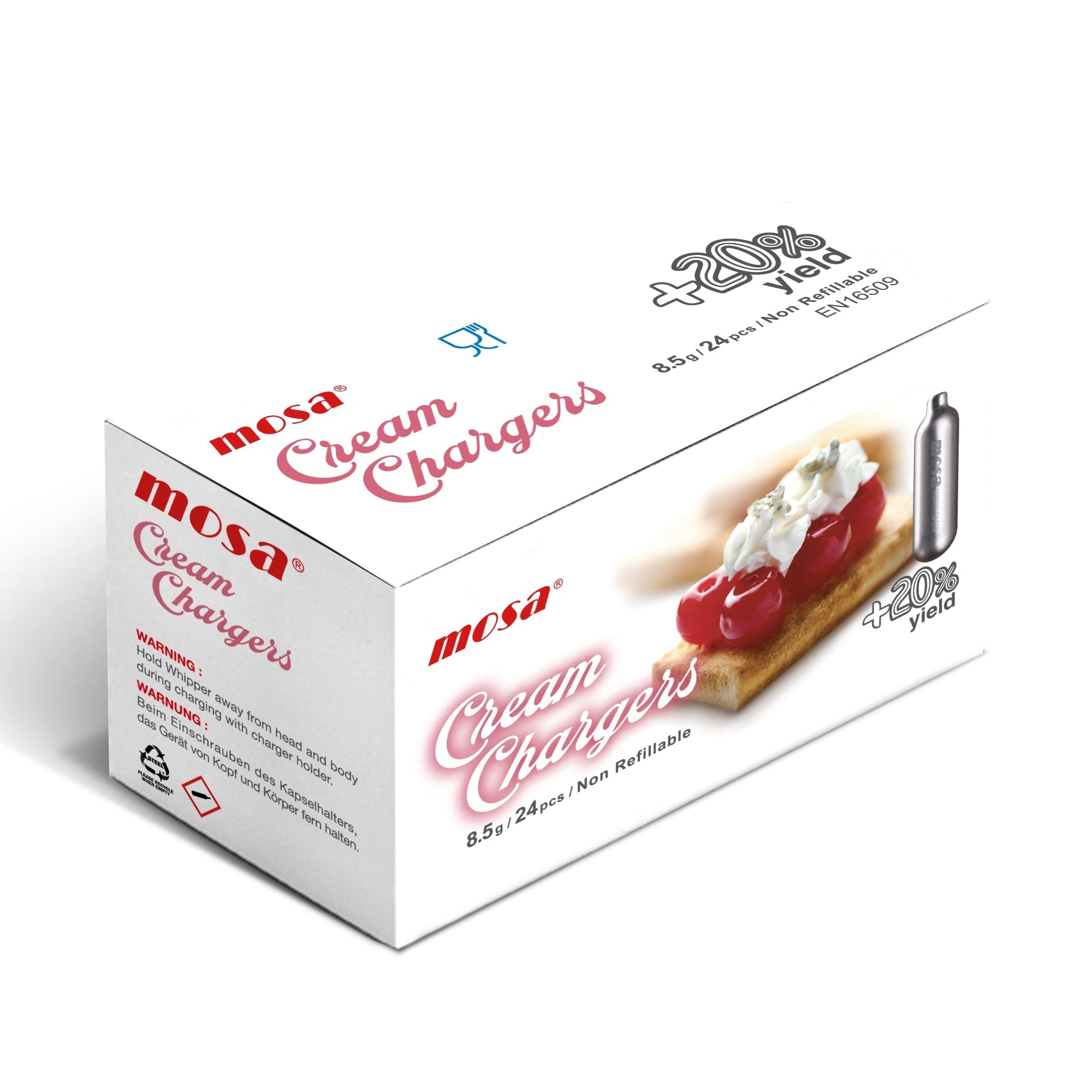 Box of Mosa Cream Chargers with a dessert illustration on a white background
