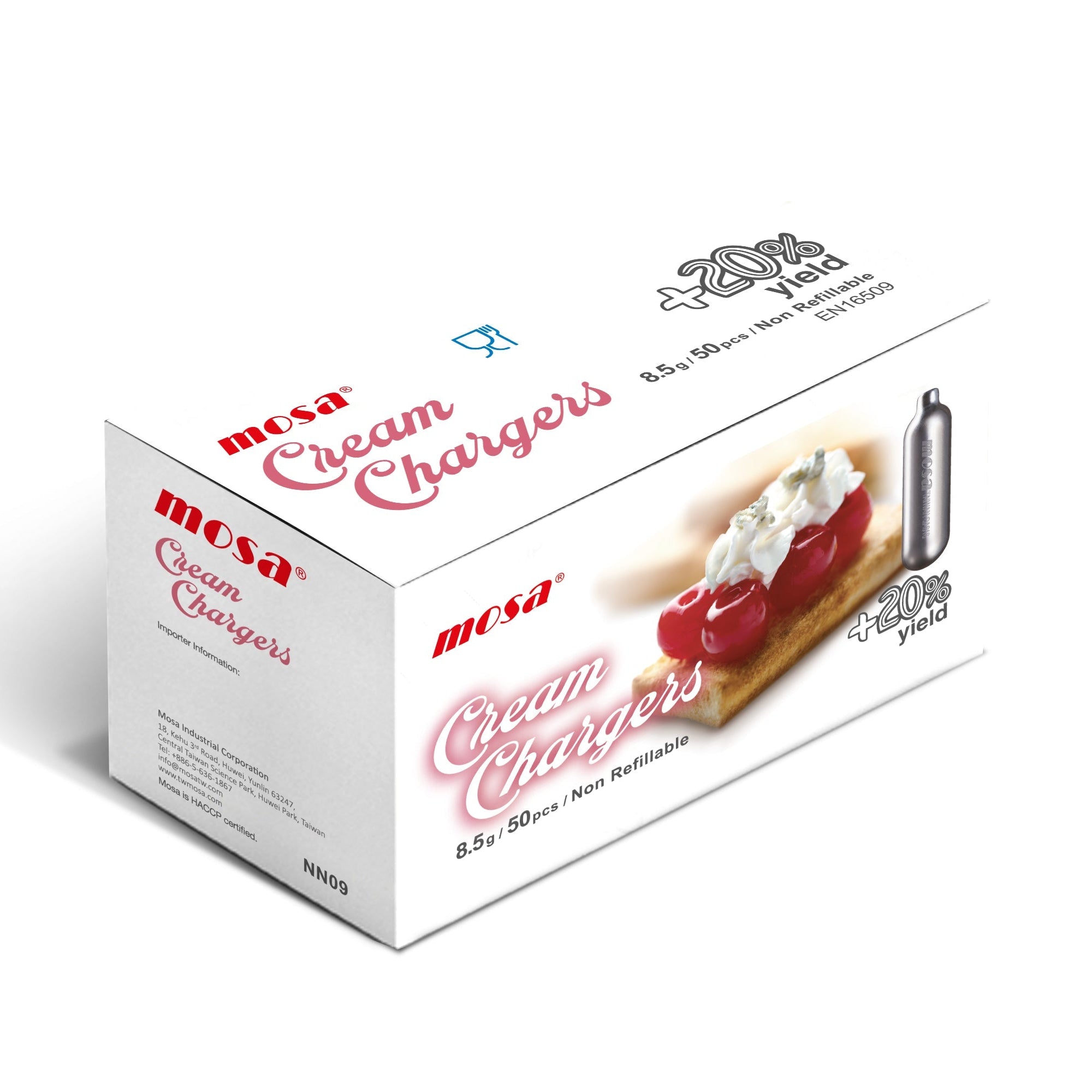 Box of Mesa Cream Chargers with a dessert illustration on a white background